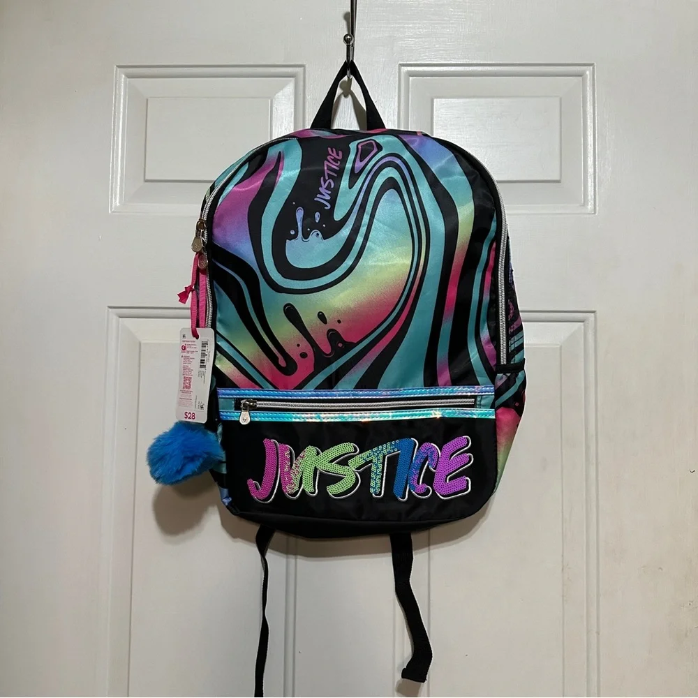 Justice Girls 17” Large Laptop Flip Backpack w/ Pom Key Chain Multicolor NWT $28